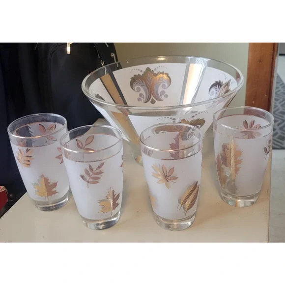 Libbey Gold Leaf Chip Bowl Vintage Serving Punch Frosted Glass Gold with 4 glass - Picture 12 of 12
